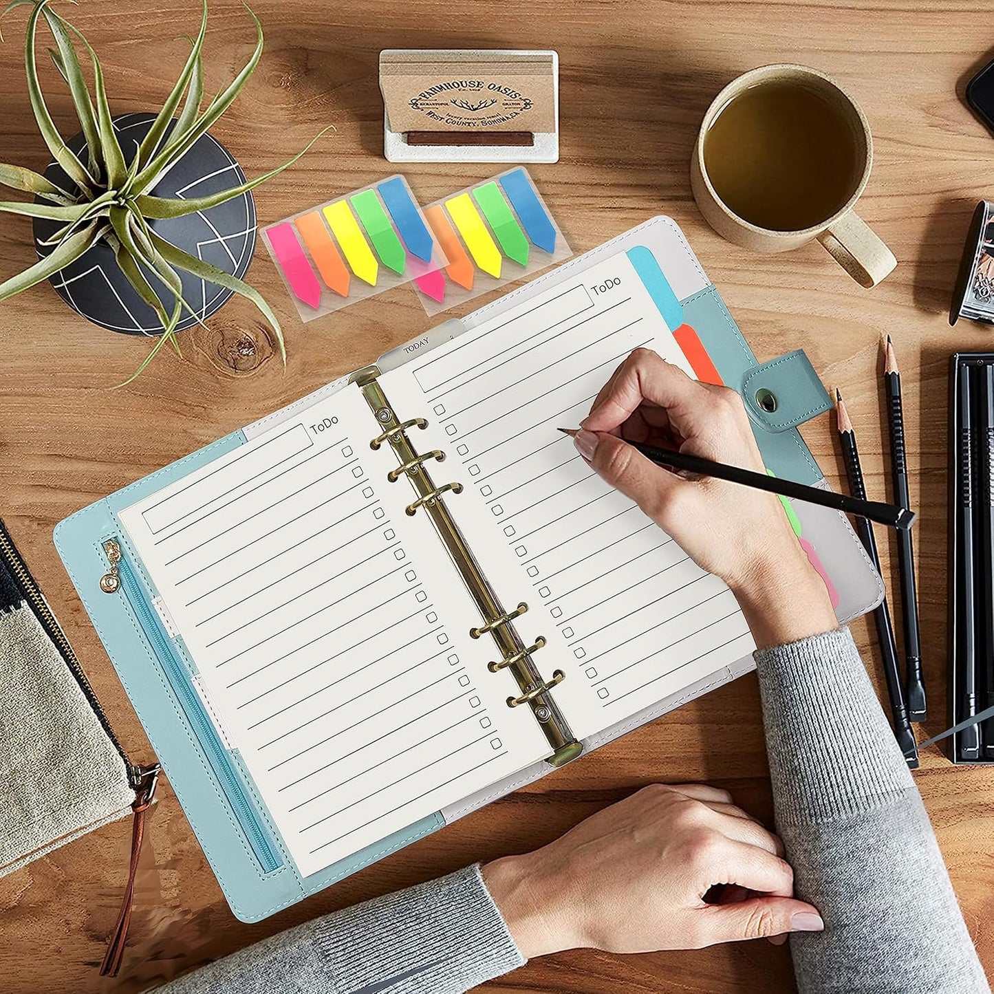 Harphia A5 6 Holes Binder Refill Value Set, 90sheets to do list loose leaf paper with sticker and divider, todo planner insert with binder pocket for A5 binder 6 holes refillable notebook,005da5todo