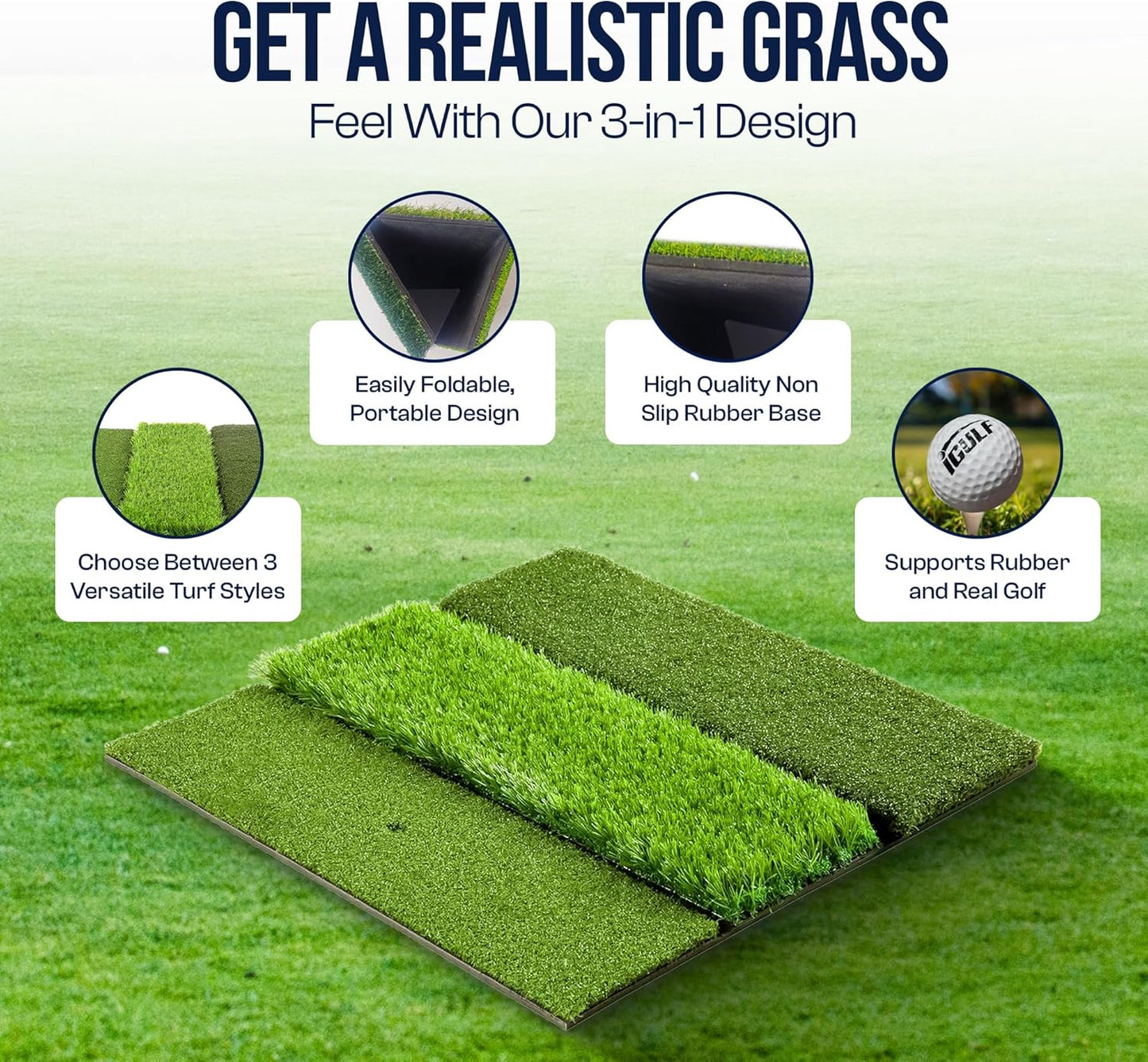24" x 24" Tri-Turf 3 in 1 Golf Hitting Mat Indoor Outdoor Practice & Training Aid with Real Turf Feel, Non-Slip Rubber Base, EVA Cushion, Real Tee Support, Foam Balls & Tees Included for Driving Range