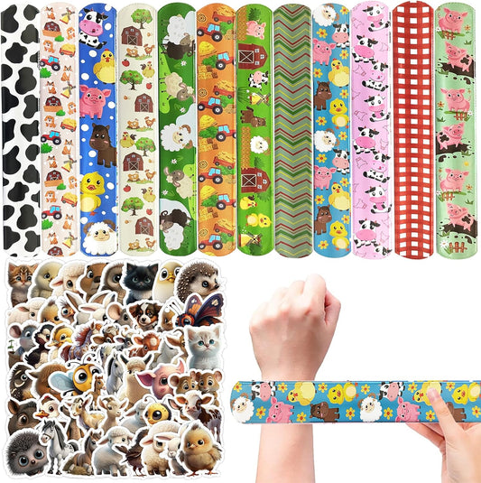 74PCS Farm Animals Party Favor 50PCS Barnyard Party Stickers&24PCS Slap Bracelets Farm Animals Birthday Supplies Team Gift Fillers School Classroom games Rewards Supplies