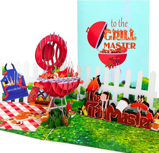 HEARTAGS- Pop Up Birthday Card for Men, Master Grill Birthday Card For Dad, Husband, Brother, Son, Grandpa, BBQ 3D Popup Greeting Cards Size 6x8 inches Includes Message Note and Envelop