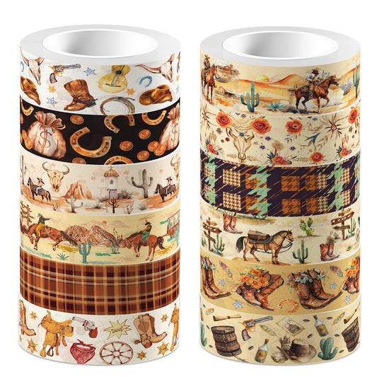 12 Pcs Western Cowboy Washi Tape Western Cowboy Masking Tape Western Cowboy Pattern Decorative Paper Sticker for Western Cowboy Party Holiday Scrapbook DIY Craft Gift Wrapping Handbook Sticker