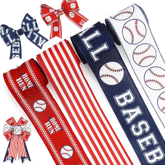 Baseball Wired Edge Ribbon for Gift Wrapping 2.5 Inch Red Blue Craft Ribbon Wired Fabric Ribbon for Sport Events DIY Bow Wreath Wrapping Supplies,2.5"*5 Yards, 4 Rolls Style A