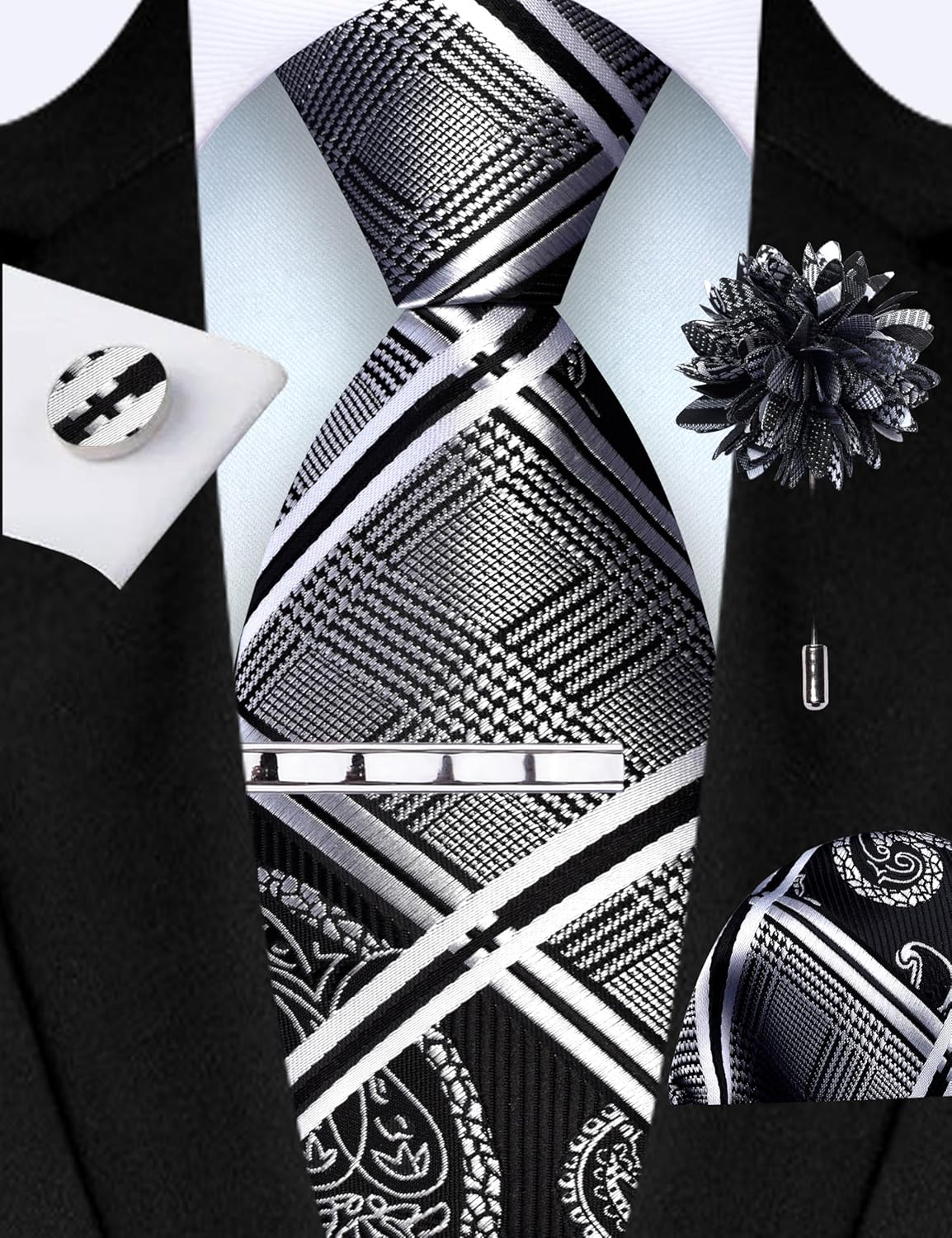 GUSLESON Tie Set for Men Necktie and Pocket Square,Tie Clip,Cufflinks, Lapel Pin Sets with Gift Box 5PCS