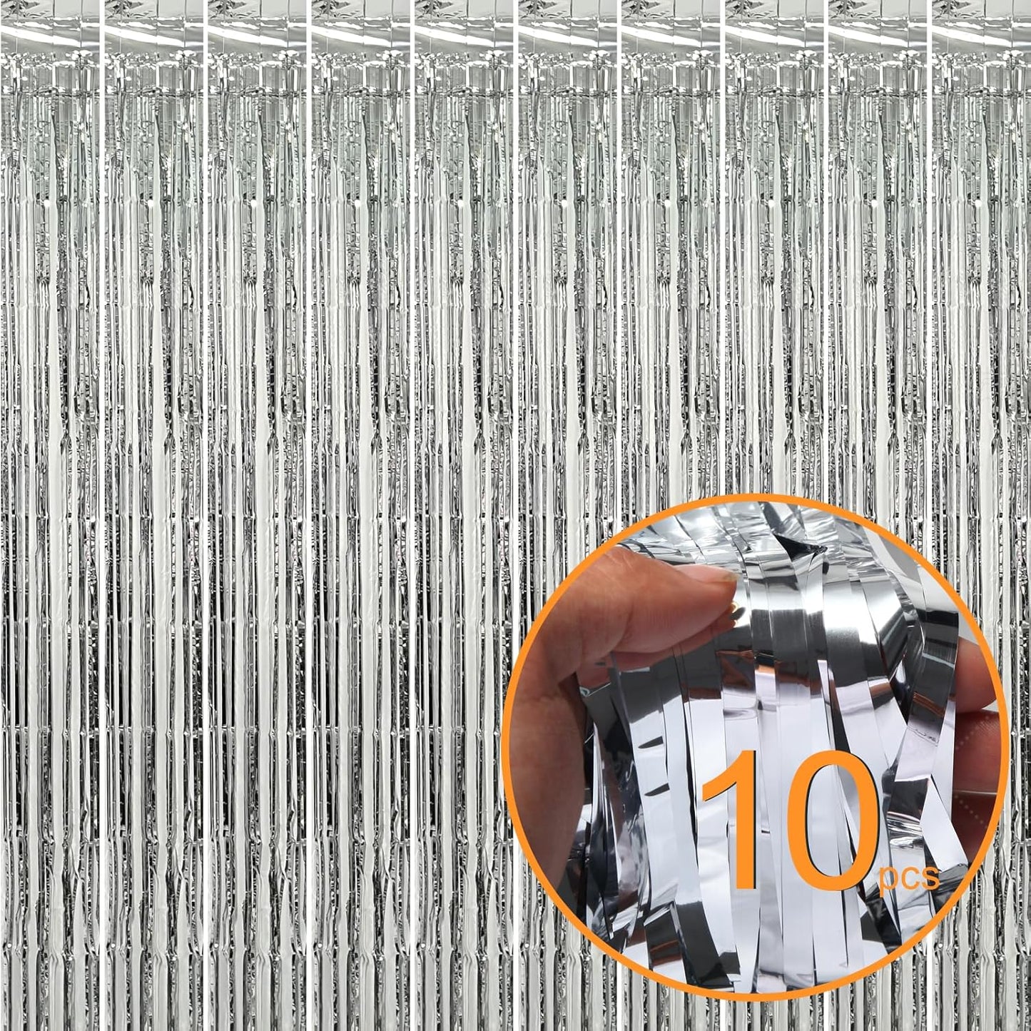 10 Pack Silver Foil Curtain Backdrop Metallic Tinsel Foil Fringe Curtains Photo Booth Props for Birthday Wedding Engagement Bachelorette Christmas Holiday Celebration Party Decorations Supplies