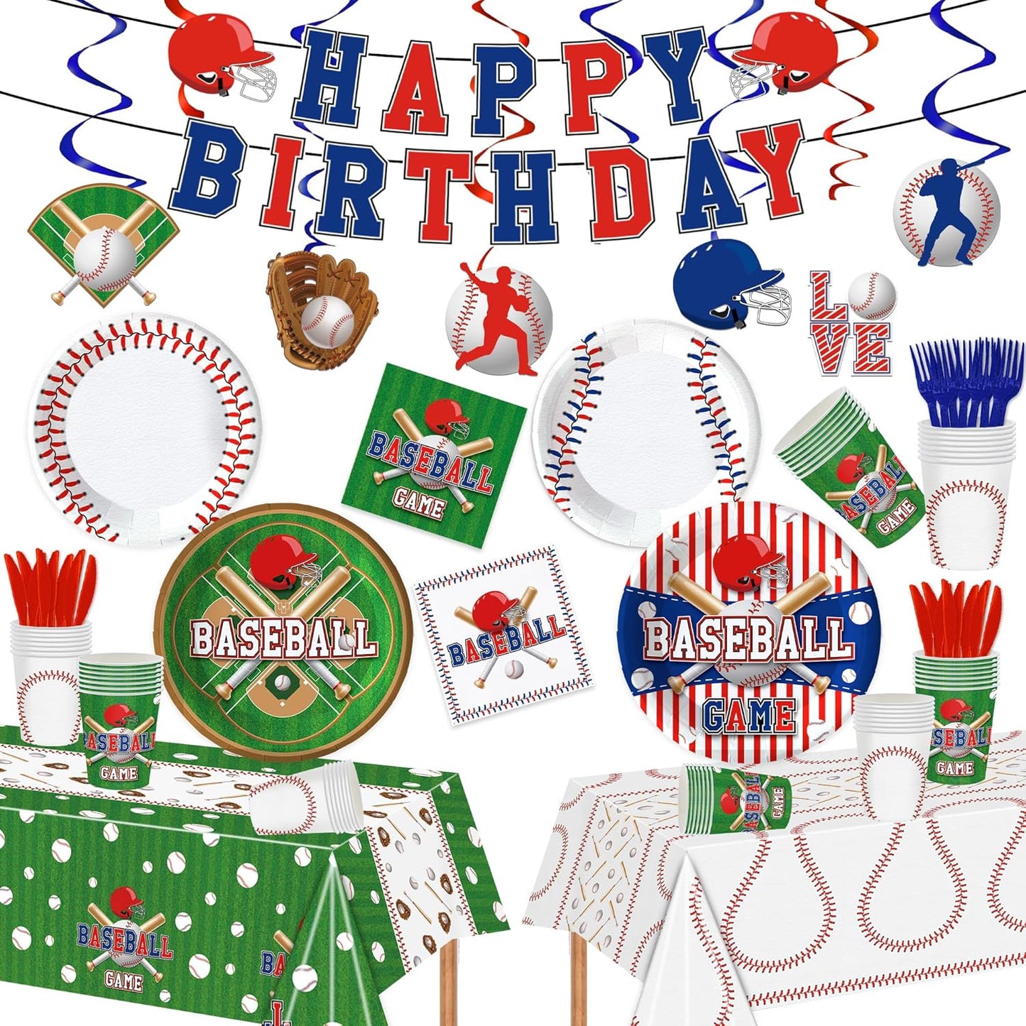 129Pcs Baseball Birthday Party Supplies-Serves 20 Baseball Party Decorations With Plates Cups Knifves Forks And Napkins Tablecloth And Banner For Baseball Sports Theme Birthday Decorations