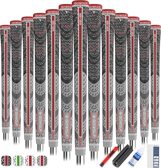 Gowolf Premium Cross Corded Natrual Rubber Golf Grips 13 Pack, Back Rib Improved Control Multi-compound Hybrid Golf Club Grips with 15pc Tapes or Full Kits