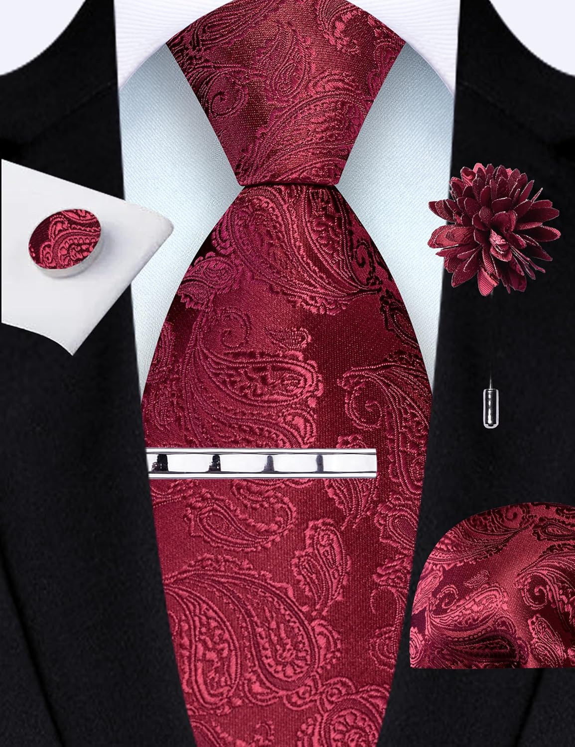 GUSLESON Tie Set for Men Necktie and Pocket Square,Tie Clip,Cufflinks, Lapel Pin Sets with Gift Box 5PCS