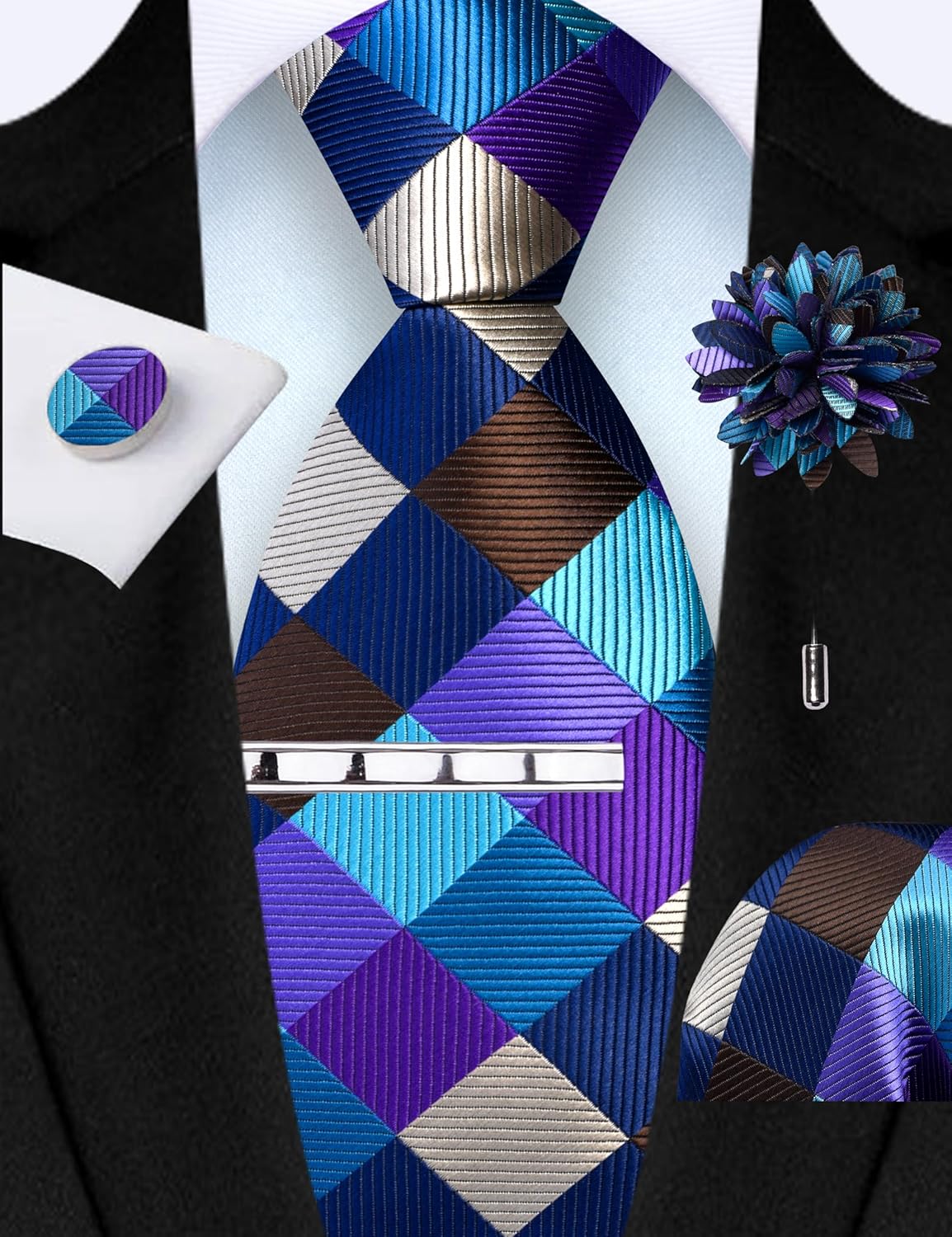 GUSLESON Tie Set for Men Necktie and Pocket Square,Tie Clip,Cufflinks, Lapel Pin Sets with Gift Box 5PCS