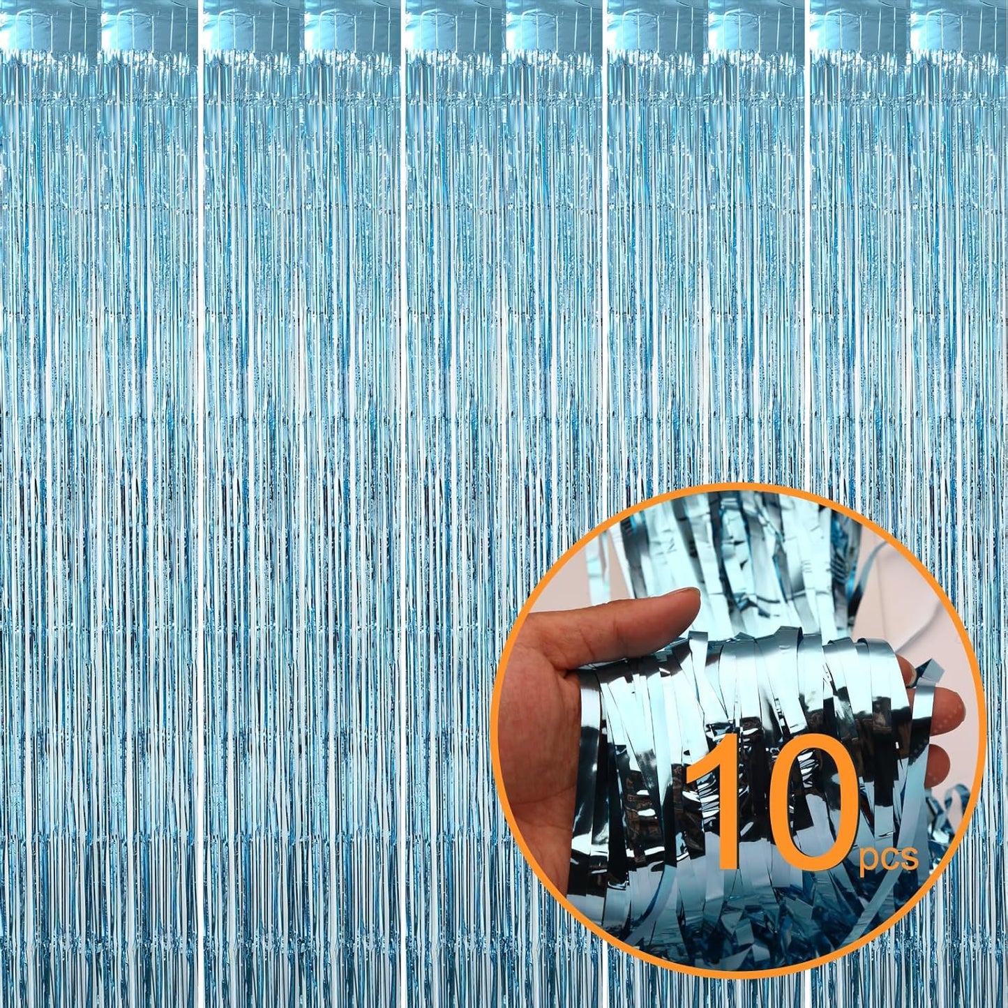 10 Pck Light Blue Foil Curtain Backdrop Metallic Tinsel Foil Fringe Curtains Photo Booth Props for Birthday Wedding Engagement Bachelorette Christmas Holiday Celebration Party Decorations Supplies