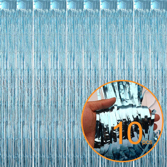 10 Pck Light Blue Foil Curtain Backdrop Metallic Tinsel Foil Fringe Curtains Photo Booth Props for Birthday Wedding Engagement Bachelorette Christmas Holiday Celebration Party Decorations Supplies