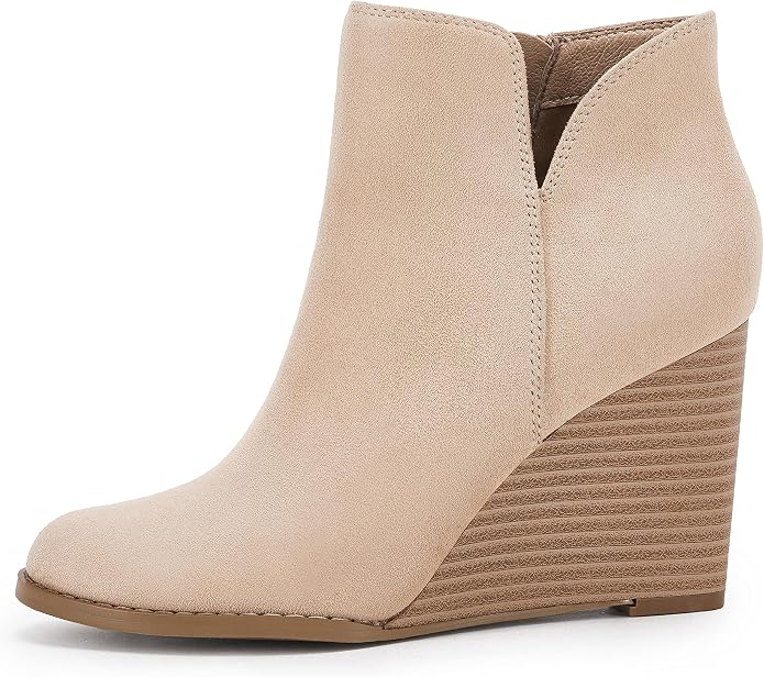 LAICIGO Womens V Cut Wedge Ankle Booties Zip-up Closed Toe Stacked Heel Faux - Image 2
