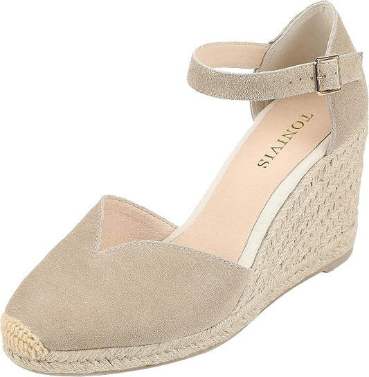 Platform Wedges Sandals for Women, Ankle-Strap, Cap Toe, Summer Espadrilles by TONIVIS