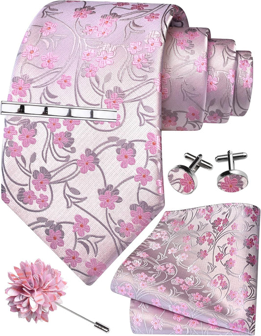 GUSLESON Tie Set for Men Necktie and Pocket Square,Tie Clip,Cufflinks, Lapel Pin Sets with Gift Box 5PCS