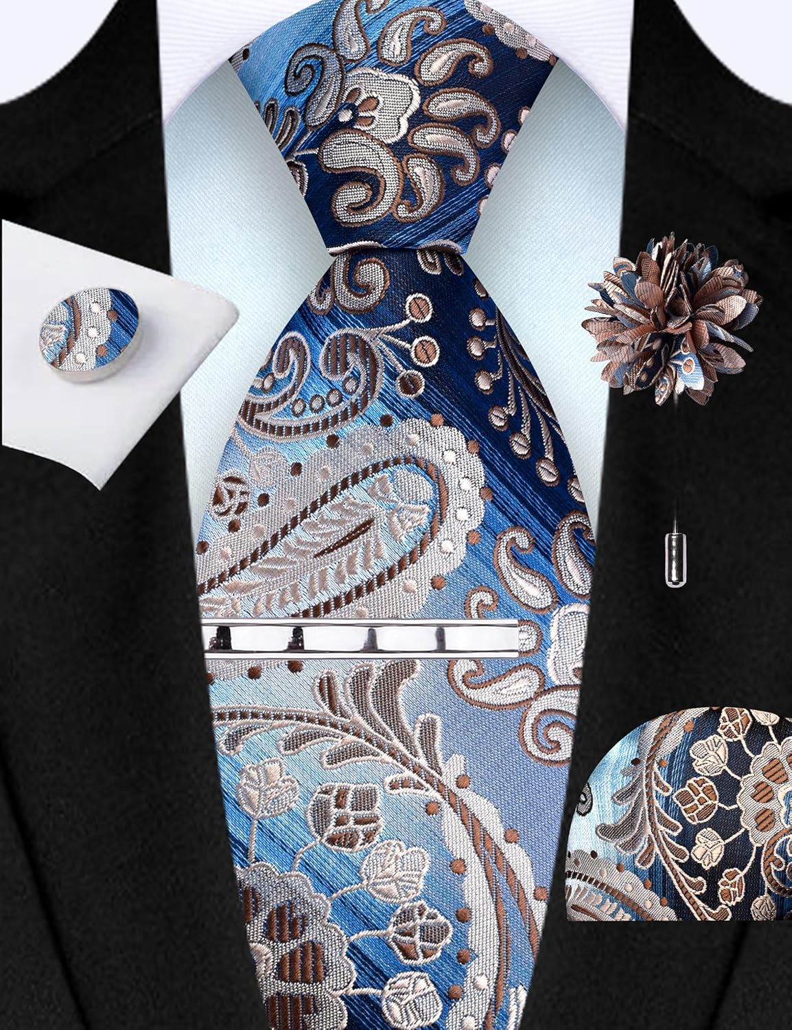 GUSLESON Tie Set for Men Necktie and Pocket Square,Tie Clip,Cufflinks, Lapel Pin Sets with Gift Box 5PCS