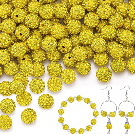 100 pcs 10mm Rhinestone Beads for Jewelry Making, Yellow Shiny Round Shamballa Disco Beads Bulk, Sparkle Crystal Clay Christmas for Bracelet Baseball Necklace Earring Crafting and DIY