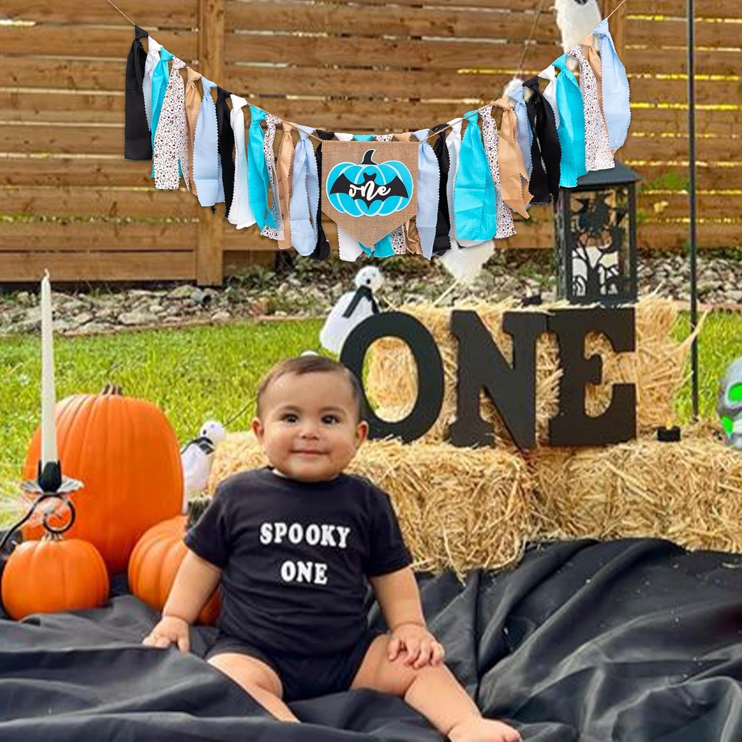 Halloween Spooky Pumpkin One High Chair Banner - Thanksgiving Halloween Theme Fall Pumpkin First Birthday Party Decorations Supplies High Chair Banner, Spooky Bat Sign 1st Birthday Party Banner