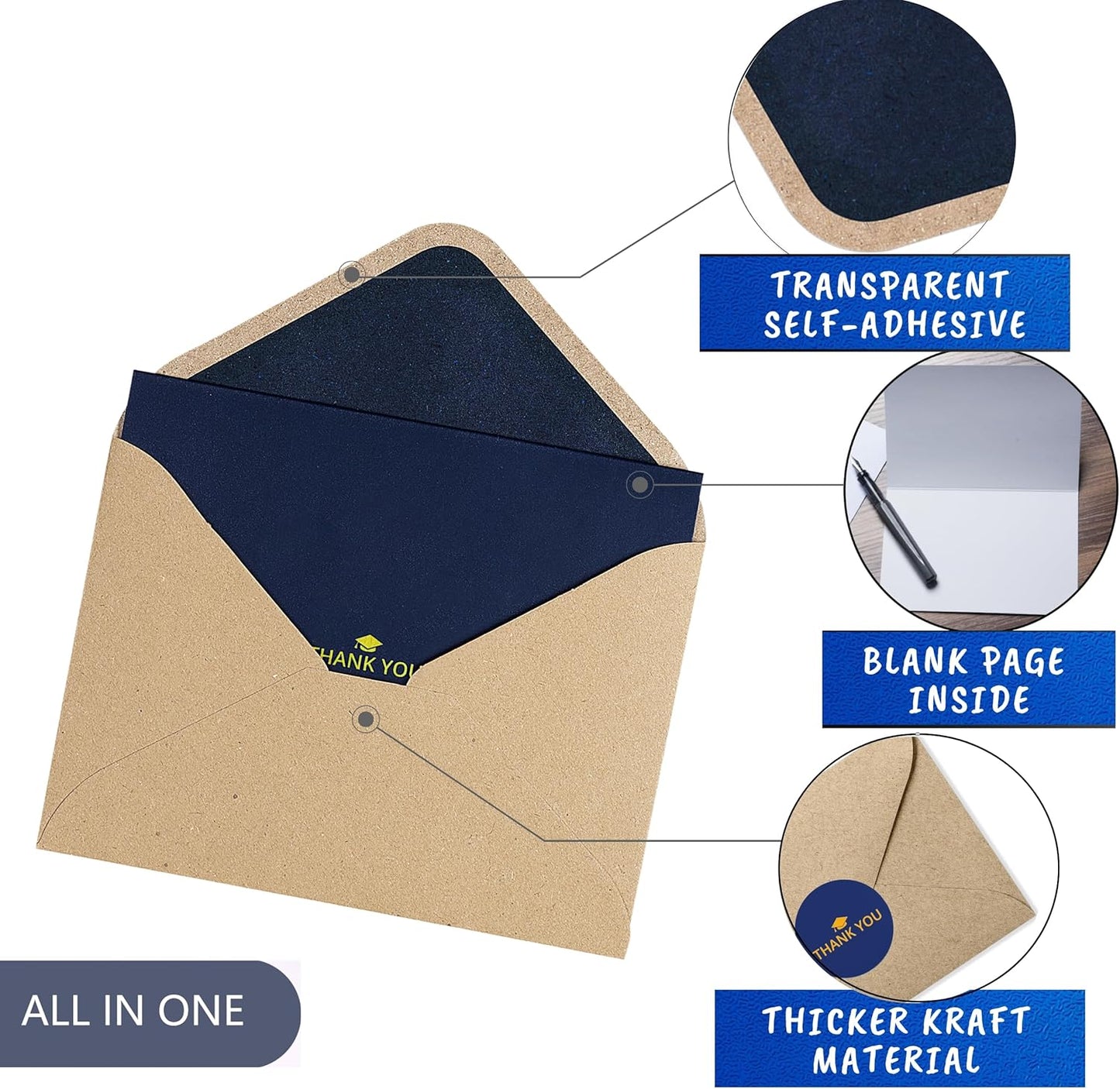 100 Bulk Navy Graduation Thank You Cards with Kraft Envelopes and stickers - 4 Minimalistic Designs Blank Thank You Notes with Envelopes navy blue Graduation cards