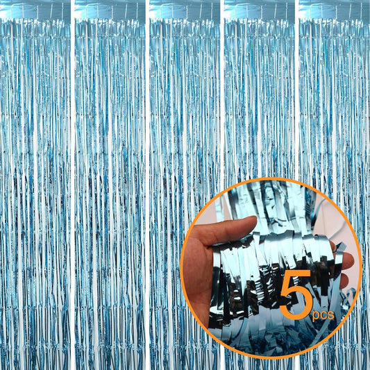 5 Pack Light Blue Foil Curtain Backdrop Metallic Tinsel Foil Fringe Curtains Photo Booth Props for Birthday Wedding Engagement Bachelorette Christmas Holiday Celebration Party Decorations Supplies