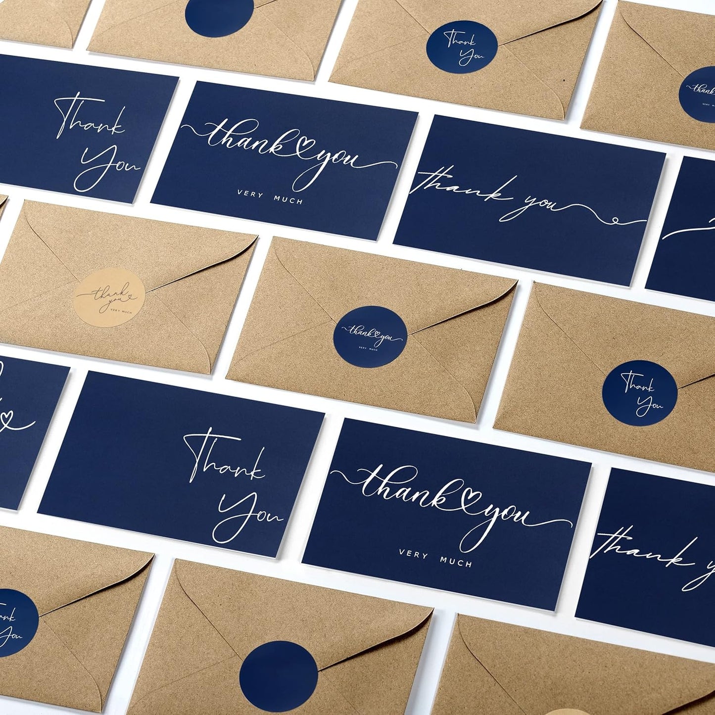 100 Bulk Navy Thank You Cards with Kraft Envelopes and stickers - 4 Minimalistic Designs Blank Thank You Notes with Envelopes Matt for business Wedding Bridal Gift Baby Shower Business Graduation