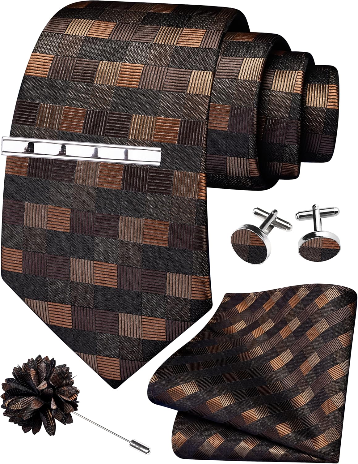GUSLESON Tie Set for Men Necktie and Pocket Square,Tie Clip,Cufflinks, Lapel Pin Sets with Gift Box 5PCS