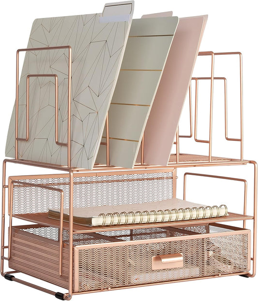 BLU MONACO Rose Gold Desk Organizer with File Sorters & Drawer – Workspace Storage Rack for Office Supplies, Paper & Folders