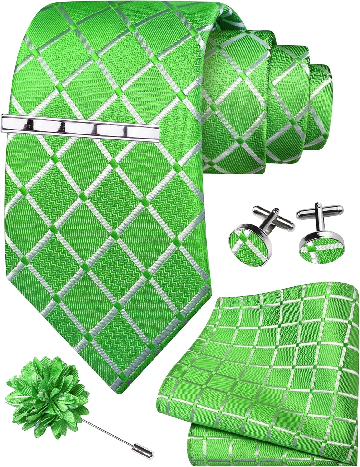 GUSLESON Tie Set for Men Necktie and Pocket Square,Tie Clip,Cufflinks, Lapel Pin Sets with Gift Box 5PCS