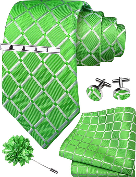 GUSLESON Tie Set for Men Necktie and Pocket Square,Tie Clip,Cufflinks, Lapel Pin Sets with Gift Box 5PCS