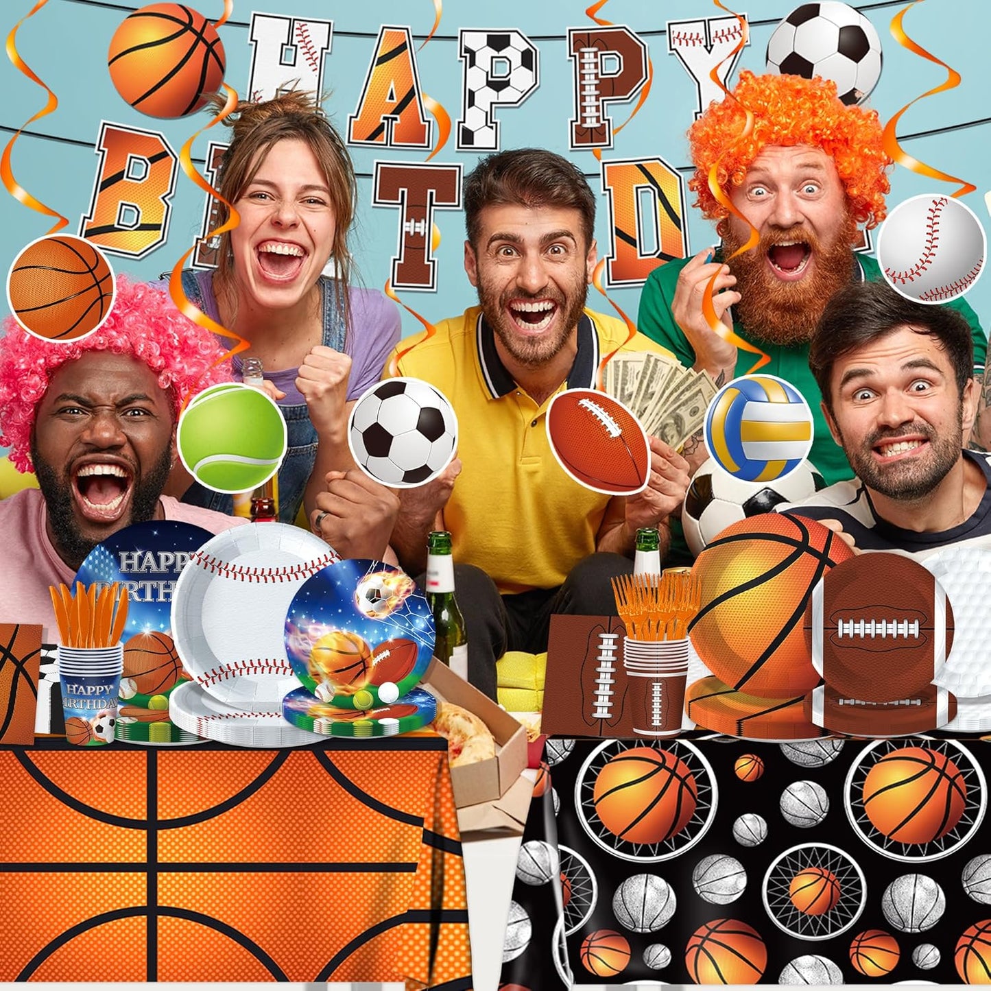 189pcs Sports Birthday Party Decorations Sports Plates Napkins Party Supplies Tablecloth Banner All Star Football Baseball Basketball Soccer Tableware for Sports Themed Party Decorations Serves 24