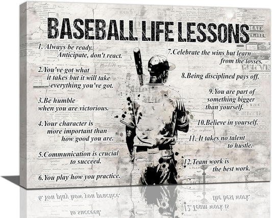 Baseball Sports Wall Art Baseball Life Lessons Wall Decor Baseball Sign Retro Poster Boy Men Room Motivational Decorations Canvas Print Painting Artwork for Bedroom Bathroom Living Room 20"x16"