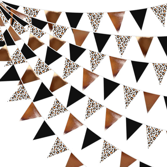 32Ft Cheetah Party Decorations Metallic Brown Black Leopard Triangle Banner Flag Pennant Fabric Garland Streamers for Wild Animals Birthday Cheetah Baby Shower Jungle Safari Party Decor Supplies