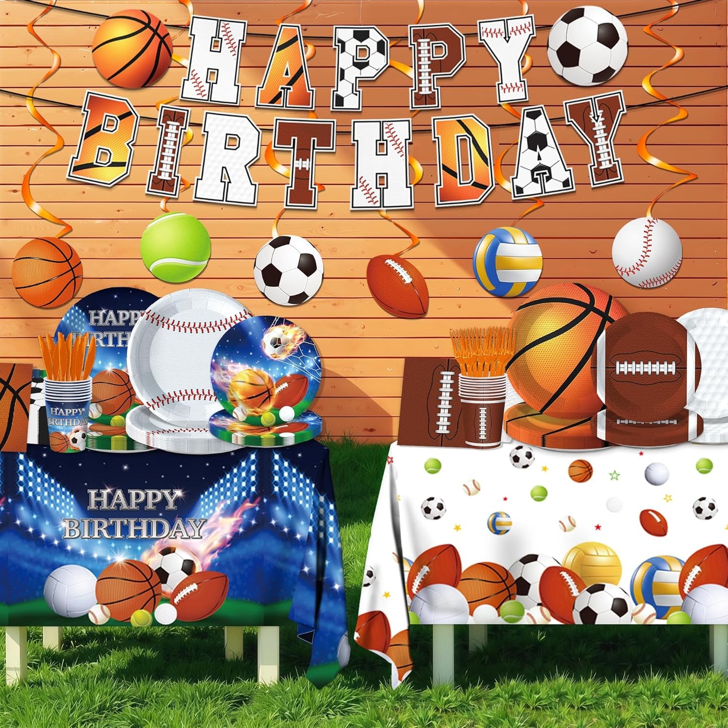 189pcs Sports Birthday Party Decorations Sports Plates Napkins Party Supplies Tablecloth Banner All Star Football Baseball Basketball Soccer Tableware for Sports Themed Party Decorations Serves 24
