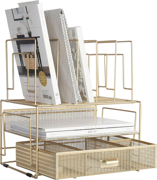 BLU MONACO Gold Desk Organizer – Cute File Holder for Desk & Drawer Storage for Office Supplies, Paper, Devices & Folders