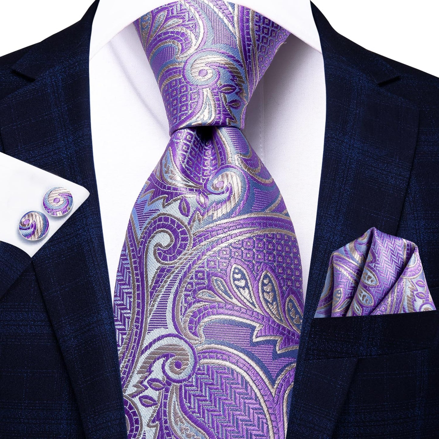 Hi-Tie Men 63inches Tie Set Extra Long Necktie Paisley Tie Pocket Suqare Cufflinks Big and Tall Men Tie