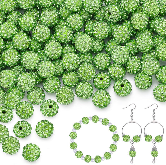 100 pcs 10mm Rhinestone Beads for Jewelry Making, Light Green Shiny Round Shamballa Disco Beads Bulk, Sparkle Crystal Clay Christmas for Bracelet Baseball Necklace Earring Crafting and DIY