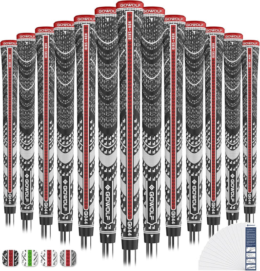 Gowolf Premium Cross Corded Natrual Rubber Golf Grips 13 Pack, Back Rib Improved Control Multi-compound Hybrid Golf Club Grips with 15pc Tapes or Full Kits