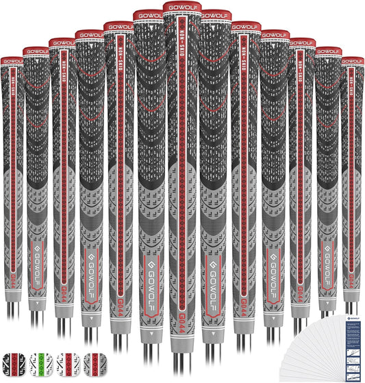 Gowolf Premium Cross Corded Natrual Rubber Golf Grips 13 Pack, Back Rib Improved Control Multi-compound Hybrid Golf Club Grips with 15pc Tapes or Full Kits