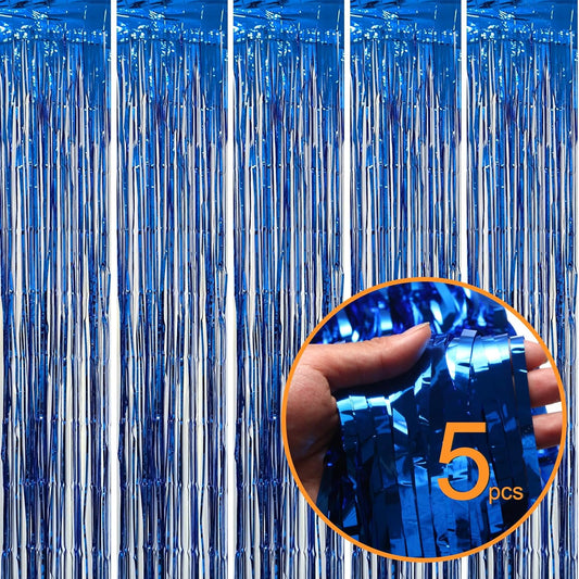 5 Pack Blue Foil Curtain Backdrop Metallic Tinsel Foil Fringe Curtains Photo Booth Props for Birthday Wedding Engagement Bachelorette Christmas Holiday Celebration Party Decorations Supplies