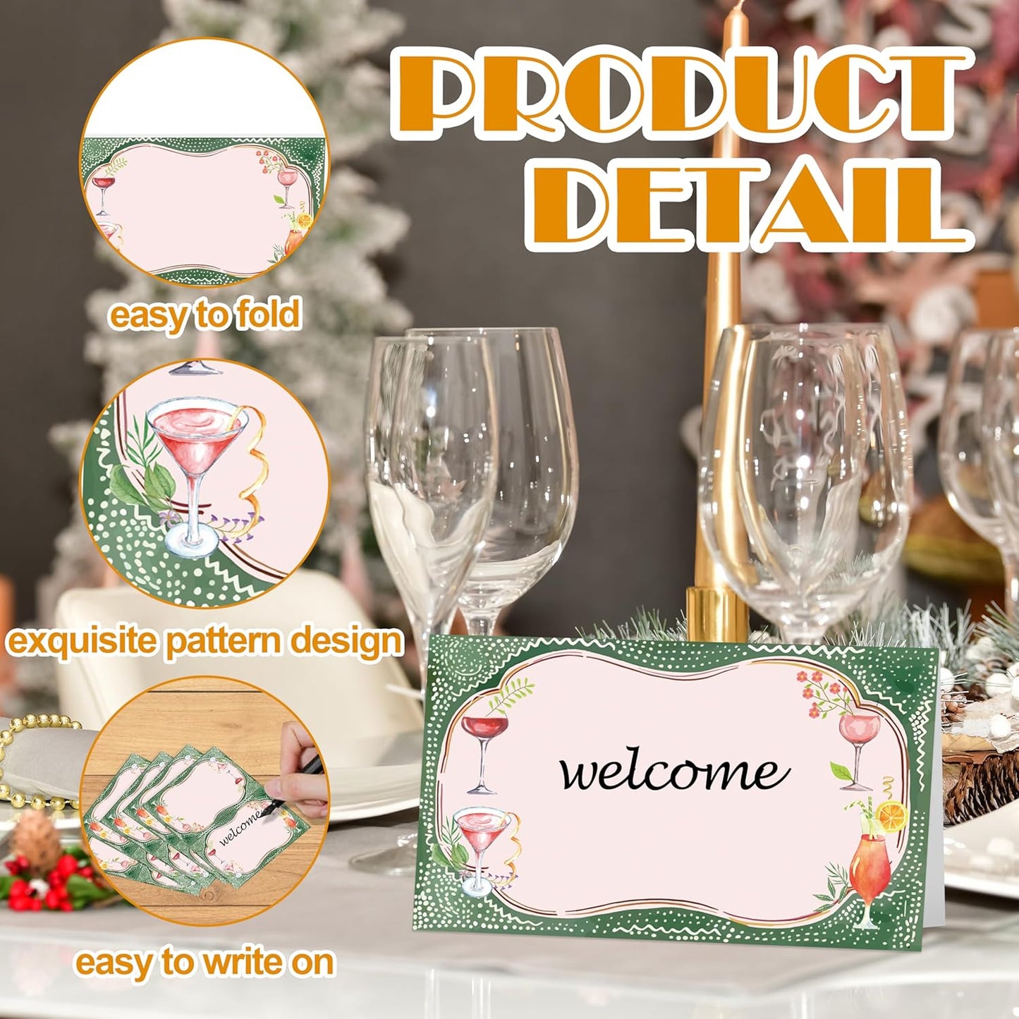 Holiday Cocktail Place Cards, Cocktail Glasses Table Place Cards For Table Setting, Green Name Cards For Birthday Party Baby Shower Girls Party Ladies Event Dinner Wedding, 25 Cards Included -08