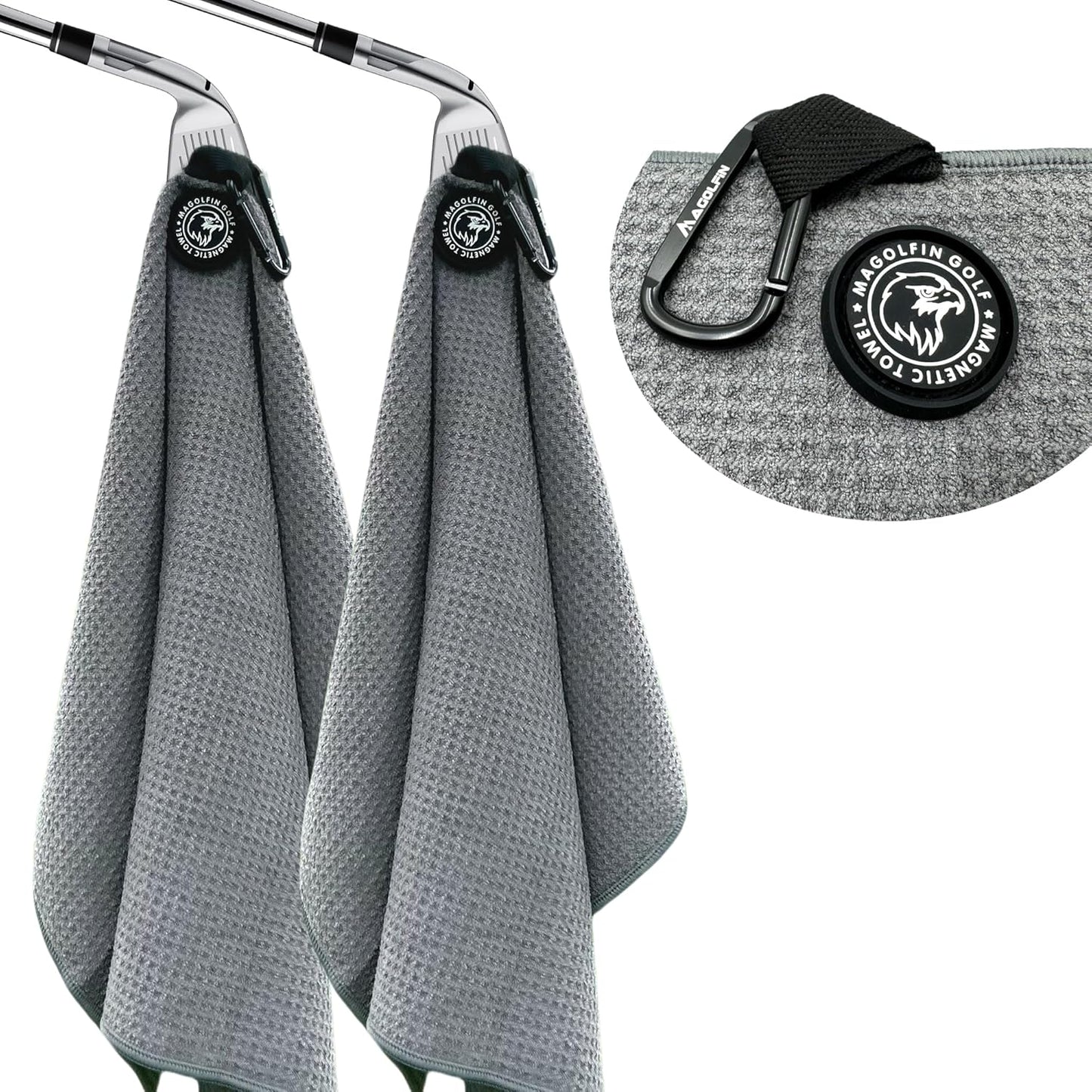 2-Pack Magnetic Golf Towel with Clip, Microfiber Waffle Design - Industrial Strength Magnet for Strong Hold to Golf Bags, Carts & Clubs - Gray