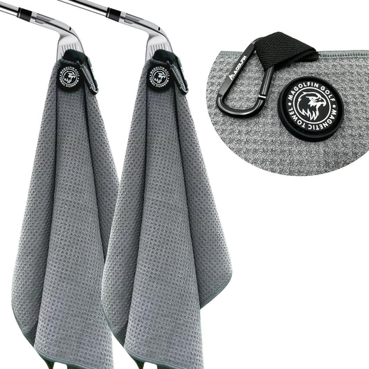 2-Pack Magnetic Golf Towel with Clip, Microfiber Waffle Design - Industrial Strength Magnet for Strong Hold to Golf Bags, Carts & Clubs - Gray