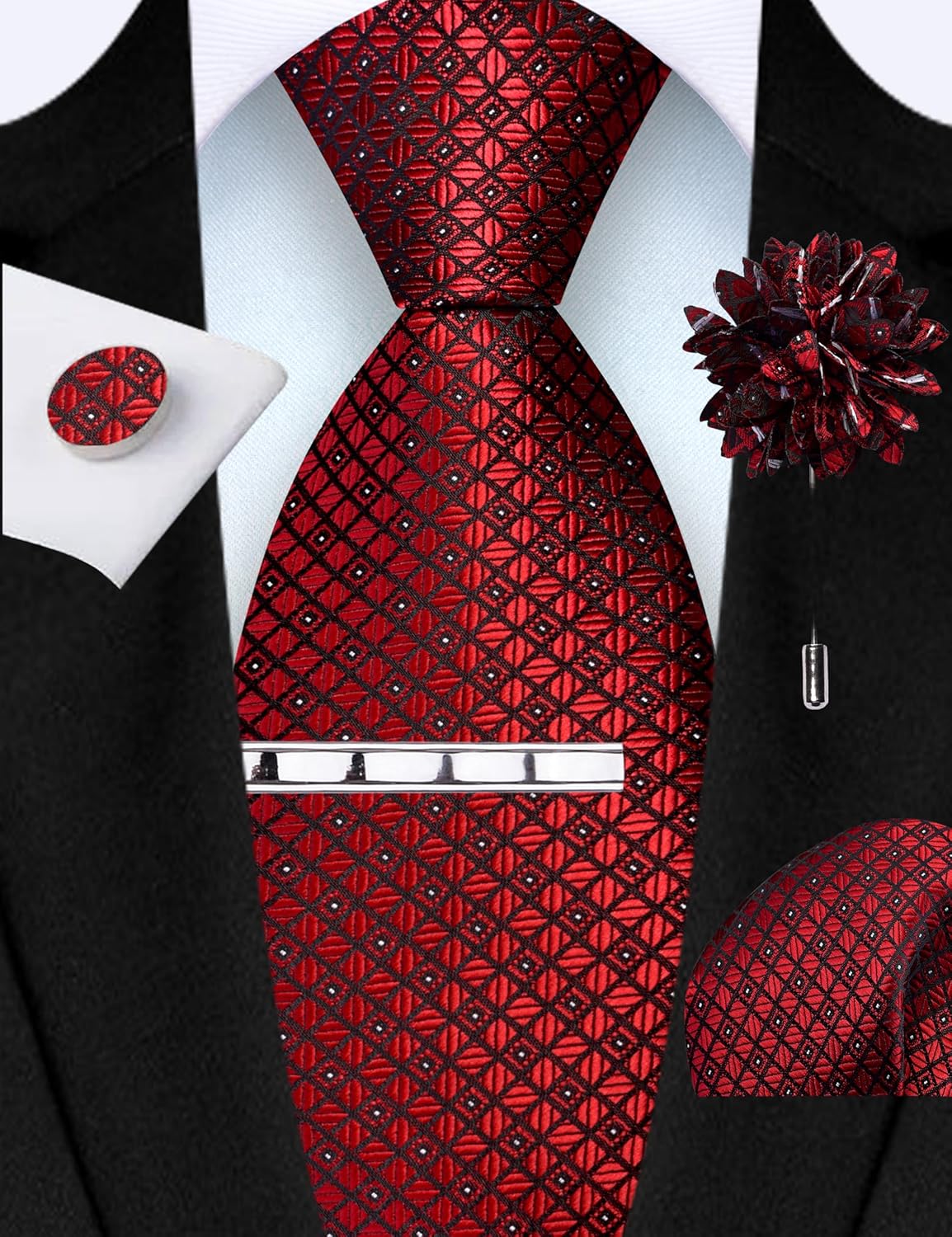 GUSLESON Tie Set for Men Necktie and Pocket Square,Tie Clip,Cufflinks, Lapel Pin Sets with Gift Box 5PCS