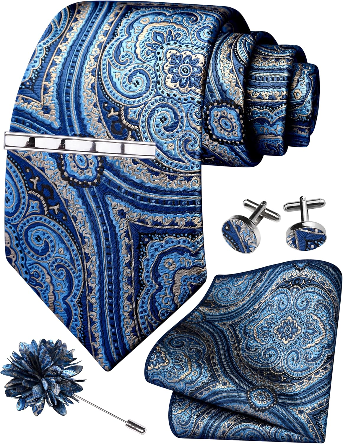 GUSLESON Tie Set for Men Necktie and Pocket Square,Tie Clip,Cufflinks, Lapel Pin Sets with Gift Box 5PCS