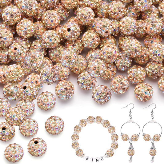 200pcs 10mm Light Peach AB Rhinestone Beads for Jewelry Making, Shiny Round Shamballa Disco Ball Beads, Sparkle Crystal Clay Christmas for Bracelet Baseball Necklace Earring Crafting and DIY