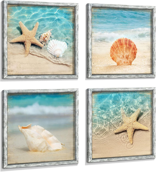Beach Pictures Framed Wall Art: Seascape Artwork Set of 4 Seashell & Starfish Pictures Prints on Wood Ocean Wall Decor for Bedroom