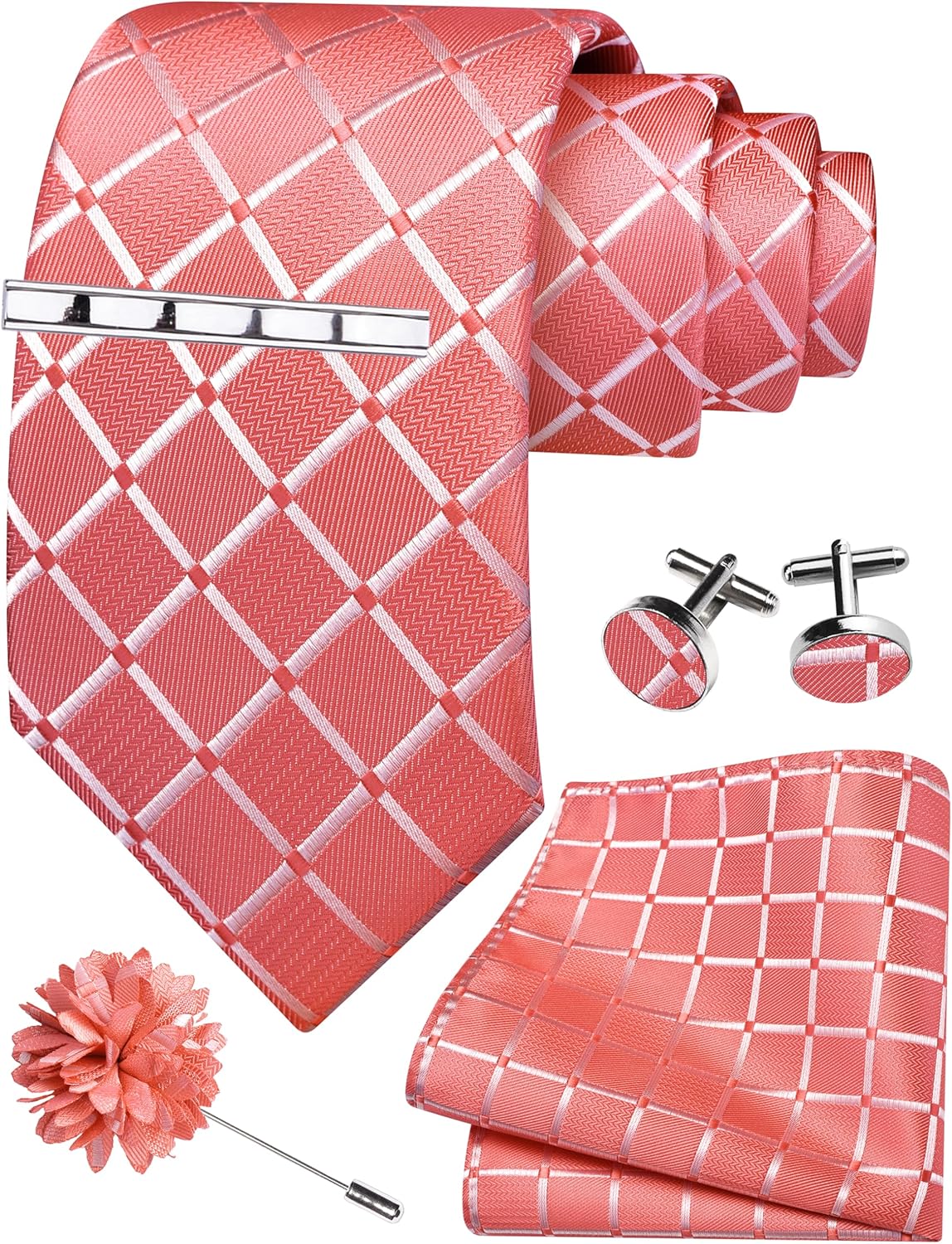 GUSLESON Tie Set for Men Necktie and Pocket Square,Tie Clip,Cufflinks, Lapel Pin Sets with Gift Box 5PCS