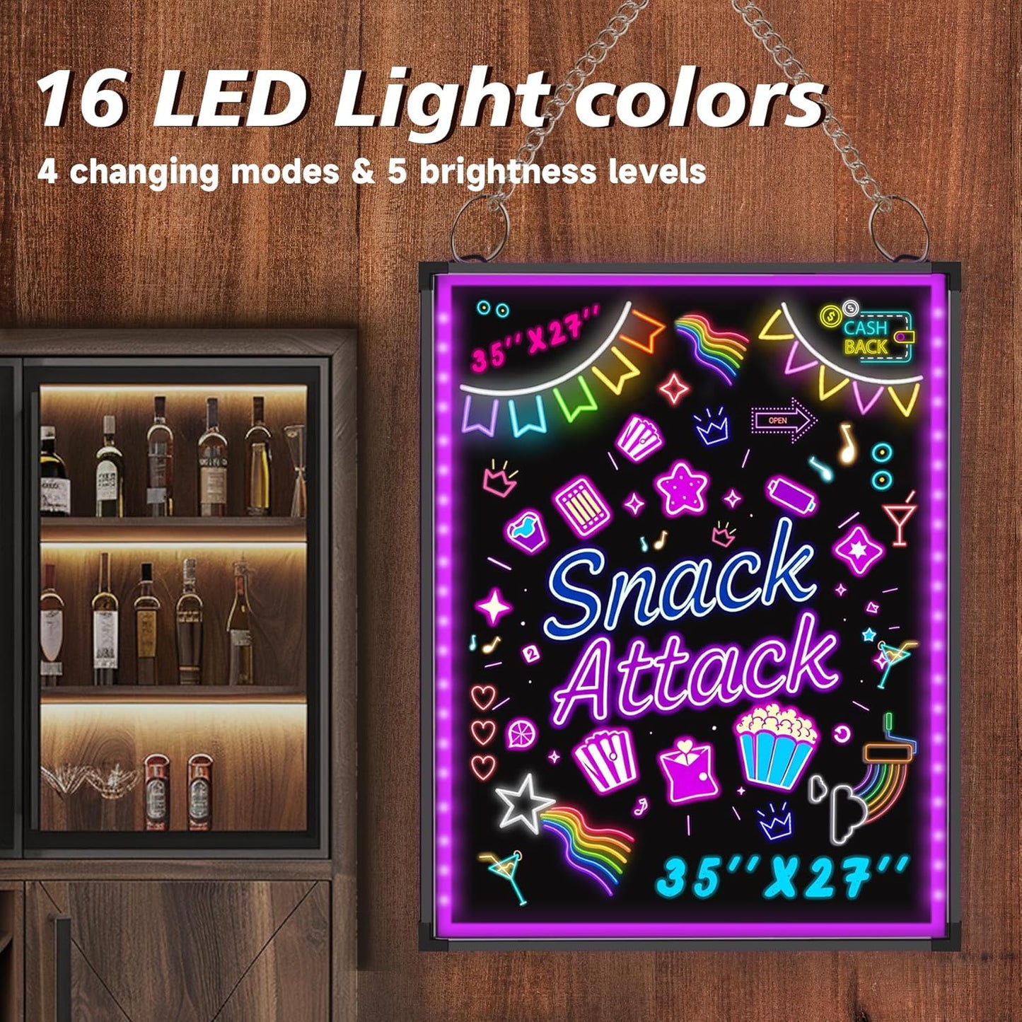 Hosim LED Message Writing Board 35"x27" Illuminated Erasable Neon Effect Restaurant Menu Sign with 8 Colors Markers, 7 Colors Flashing Mode DIY Message Chalkboard for Kitchen Wedding Promotions