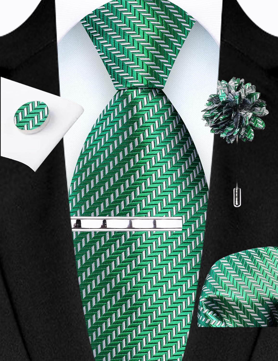 GUSLESON Tie Set for Men Necktie and Pocket Square,Tie Clip,Cufflinks, Lapel Pin Sets with Gift Box 5PCS