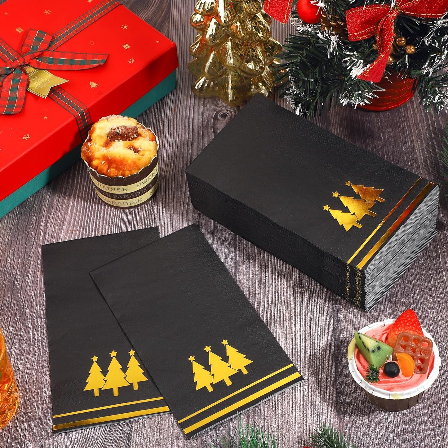 100 Pieces Christmas Napkins Disposable Christmas Gold Paper Napkins 7.8 x 4.3 Inch Decorative Guest Party Napkin Black Gold Foil Xmas Tree Hand Towels for Winter Party Wedding Birthday