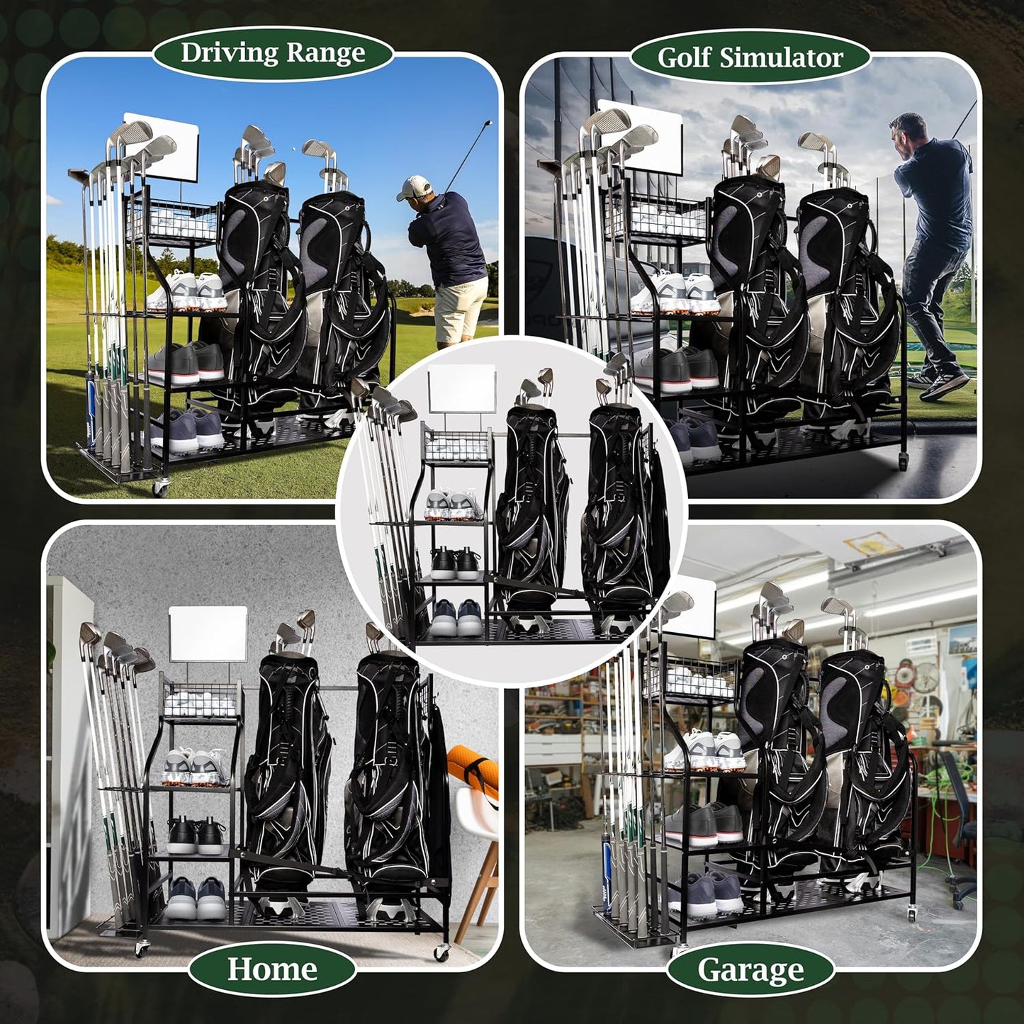 Heavy-Duty Golf Storage Rack for Garage – Holds 2 Golf Bags – Freestanding Organizer with Shelves, Club Stand, Hooks & Basket – Perfect for Shed, Backyard, Home Simulators, Basement