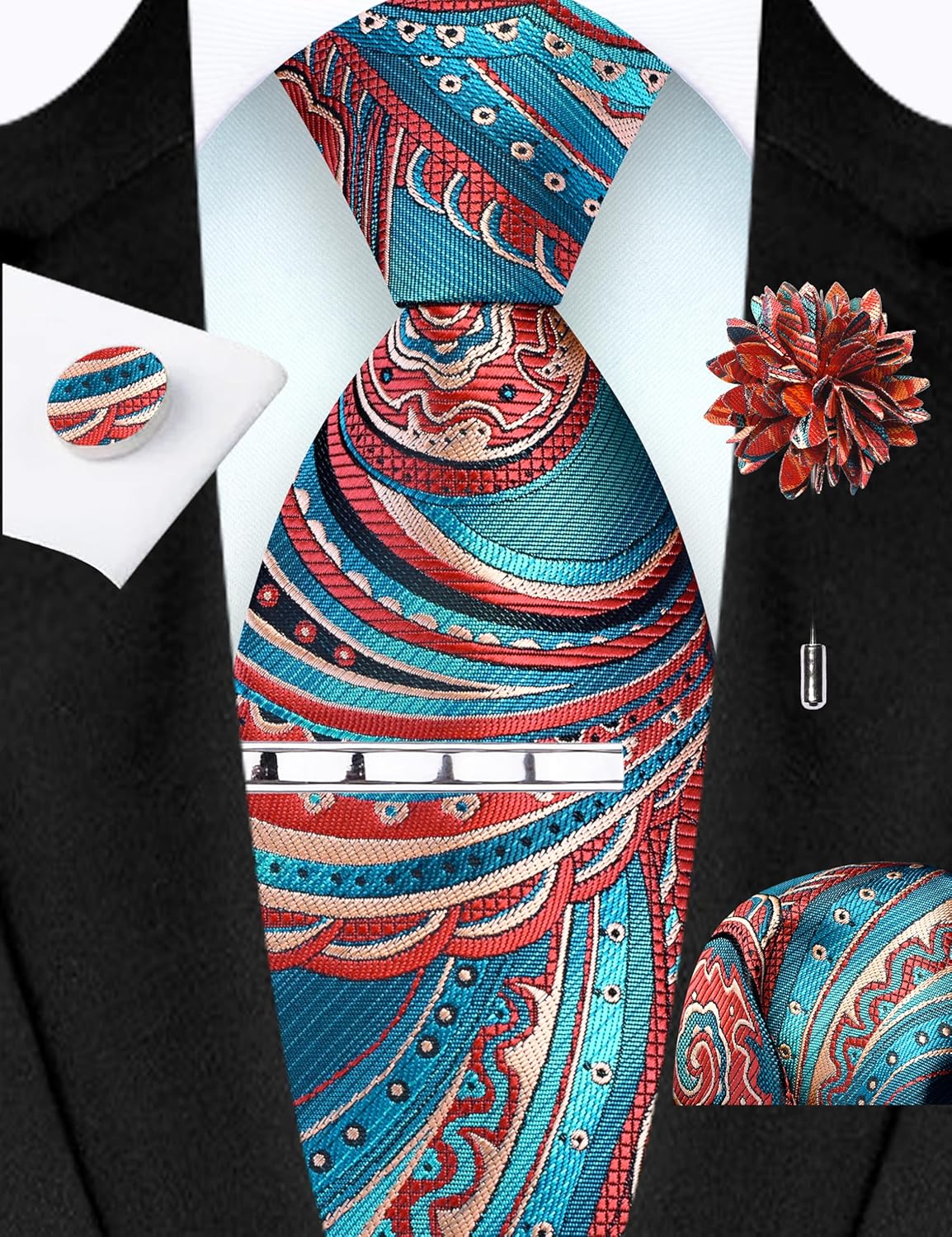 GUSLESON Tie Set for Men Necktie and Pocket Square,Tie Clip,Cufflinks, Lapel Pin Sets with Gift Box 5PCS